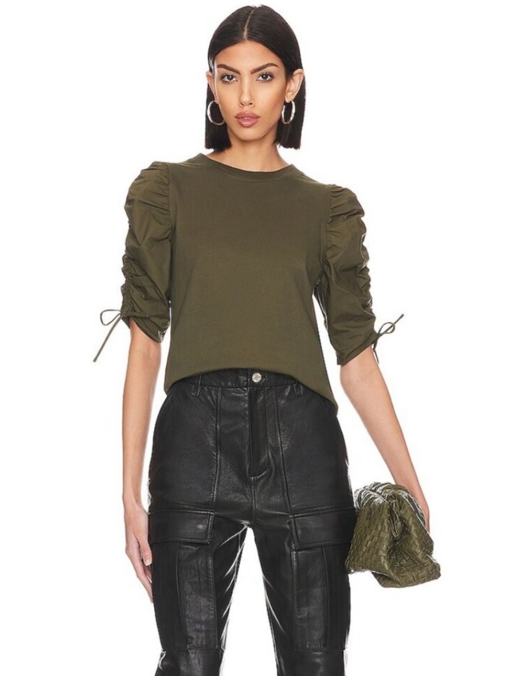 FRAME Ruched Tie Sleeve Tee In Olive